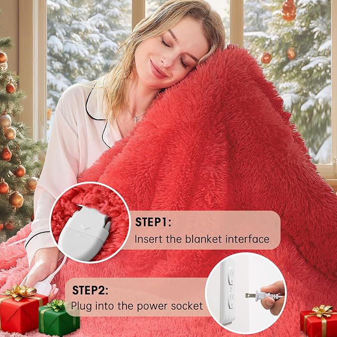 Heated Electric Blanket Twin,Warm Winter Birthday Gifts for Women Her Grandma–Faux Fur with Soft Sherpa,10 Heat Settings,5 Time Settings with Fast Heating, 62x84, Ruby Wine