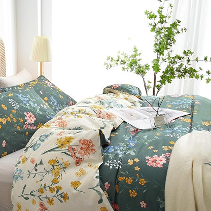 Floral Duvet Cover Queen Size Vintage Floral On Green Bedding Set 3 Pieces Women Men Romantic Pink Blue Flower Ultra Soft Reversible Fall Duver Cover with 2 Pillowcases