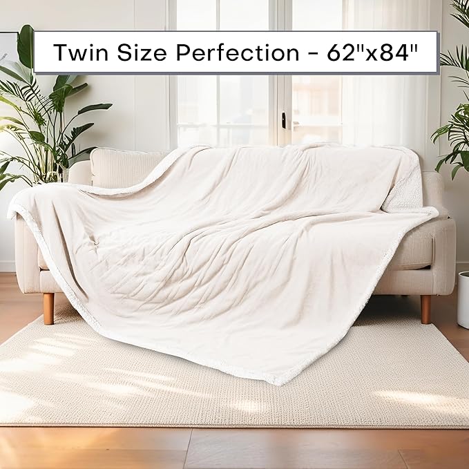 Electric Heated Blanket Twin Size 62"x84" - Dual-Sided with Microplush & Sherpa Fabric, 4 Heat Settings & 10 Hours Auto Off, Machine Washable - White