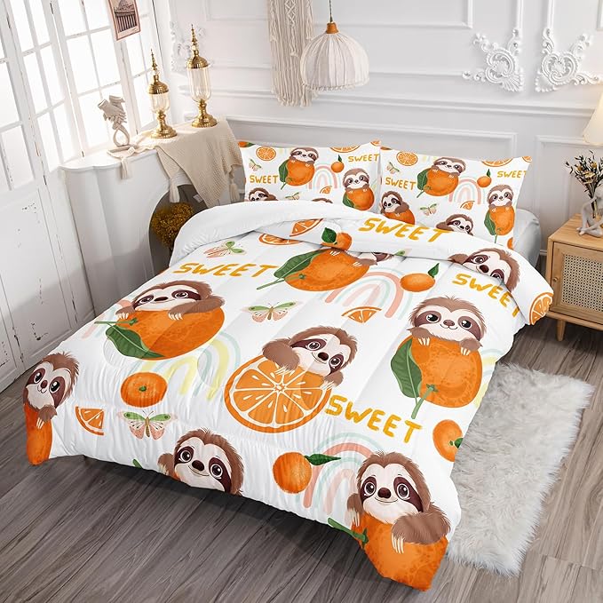 Cute Brown Sloth Bedding Animal Orange Butterfly Comforter 3Pcs Queen Rainbow Sweet Pattern Bedding Set for Kids Teens Girls Boys Bed Decor Tangerine Quilt with 1 Comforter and 2 Pillowcases