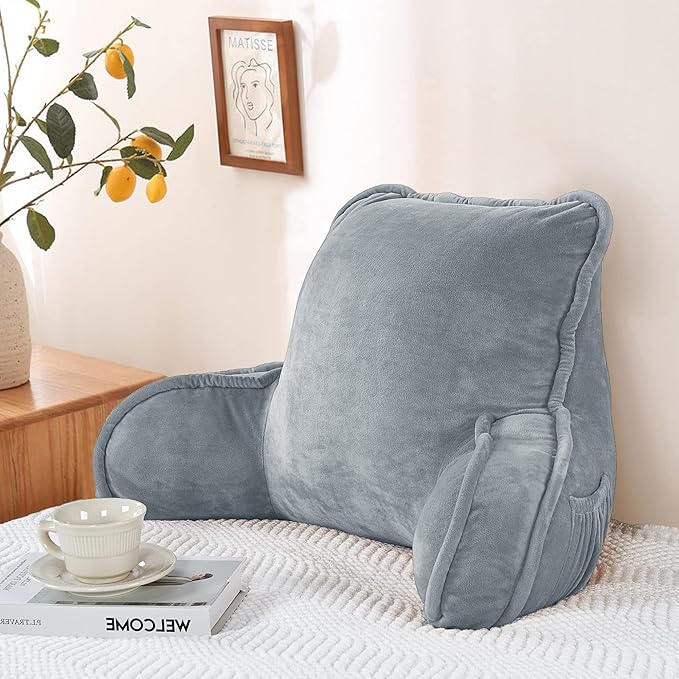Super Soft Velvety Backrest Reading Bed Rest Pillow with Arms and Pockets 18" H for Sitting in Bed Couch Sofa, Back Support Wedge Cushion with Removable Cover, 20" x 18" x17", Griffin Gray