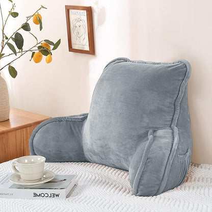 Super Soft Velvety Backrest Reading Bed Rest Pillow with Arms and Pockets 18" H for Sitting in Bed Couch Sofa, Back Support Wedge Cushion with Removable Cover, 20" x 18" x17", Griffin Gray
