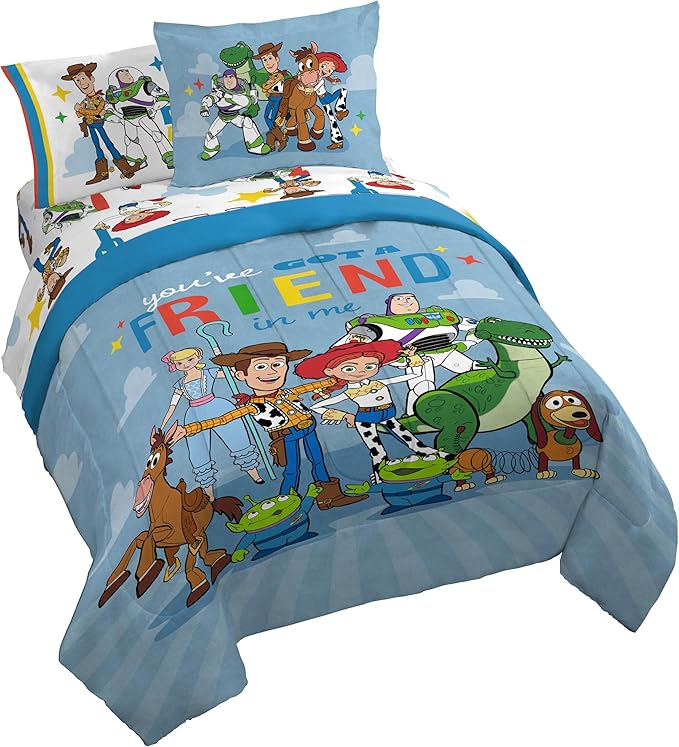 Jay Franco Kids Comforter Set Includes Sheets and Pillow Cover - Soft and Cozy Bed Set for Stylish Room Décor, Blue - Toy Story, 7 Piece Queen