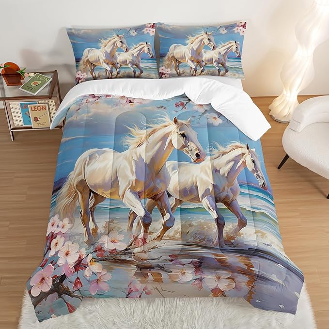 Western Farmhouse Horse Comforter Set,Pink Cherry Blossoms Bedding Sets for Kids Teens Girls Room Decoration,Coastal Beach Theme Bedding Full Size Comforter Sets for Girls with 2 Pillowcases.
