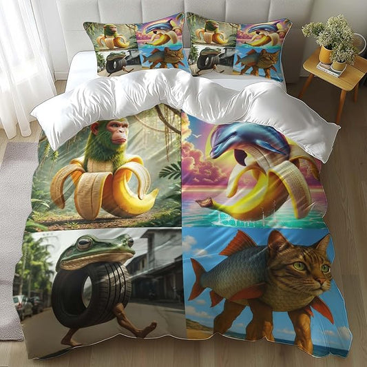 Funny Fusion Animals Bedding Set,Fusion Animals Duvet Cover Twin Full Queen King Set for Kids Boys Bed Decor Gifts (Color 16,Queen (90" x 90"))
