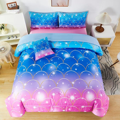 URBONUR Mermaid Comforter Set Full Size 6 Pieces Bed in a Bag Pink Blue Girls Bedding Colorful Bedroom Decor Soft All Season Kids Bed Sets