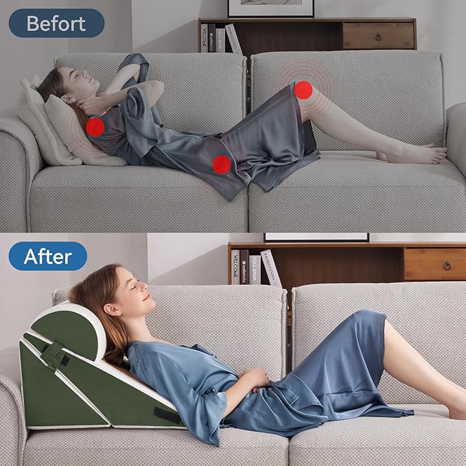 Wedge PillowSet for After Surgery, 3 PCS Bed Wedge Pillow for Sleeping, Memory Foam Orthopedic Back Pillow for Pain Relief and Acid Reflux, Adjustable Post Surgery Pillow Green