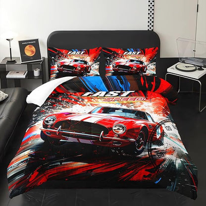 Red Racing Car Themed Comforter 3Pcs Queen Cool Speed Sports Car Fast and Furious Bedding Set for Kid Teen Girl Boy Adult Extreme Sport Game Quilt Bed Decor with 1 Comforter and 2 Pillowcases