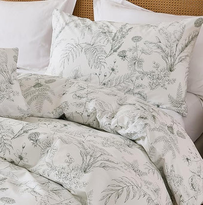 Duvet Cover Set King Size 100% Nature Cotton Reversible Botanical King Duvet Cover Set 3 Pieces Soft & Breathable Bedding Set with Zipper Closure & Corner Ties