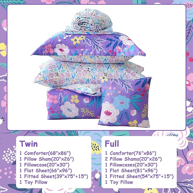Mooreeke Kids Full Comforter Sets for Girls 8 Pieces Purple Floral Bedding Set for Teens Microfiber Flowers Kids Bed in A Bag with Comforter, Sheet Set, Shams and Decorative Toy Pillow All Season