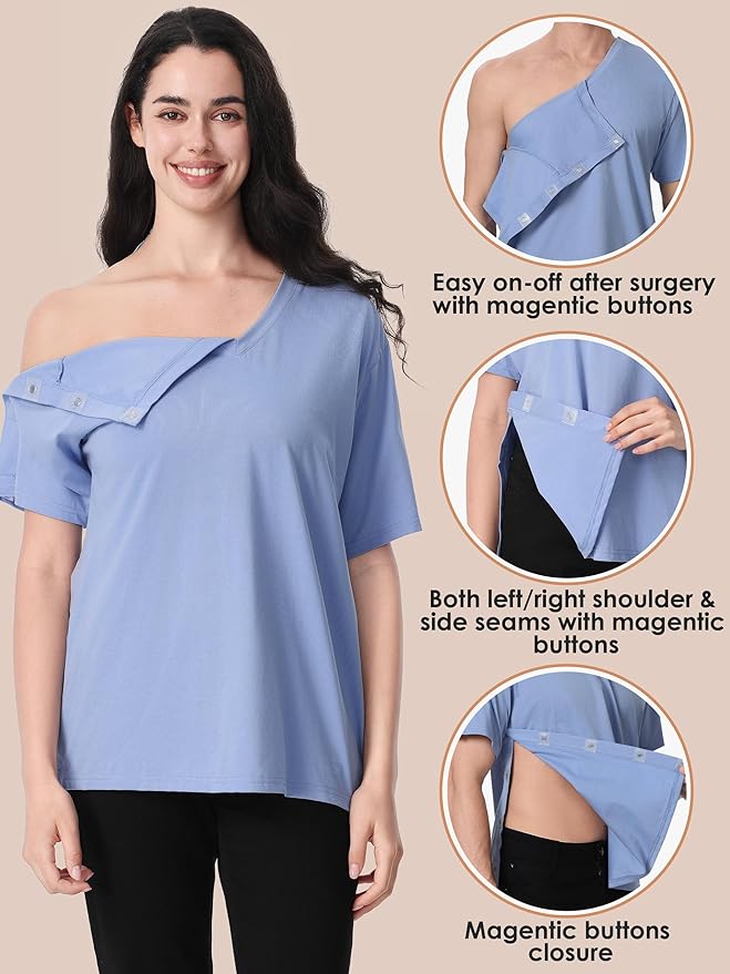 Magnetic Buttons Post Shoulder Surgery Recovery Shirt for Men V-Neck Tear Away Adaptive Chemo Port Clothing for Women