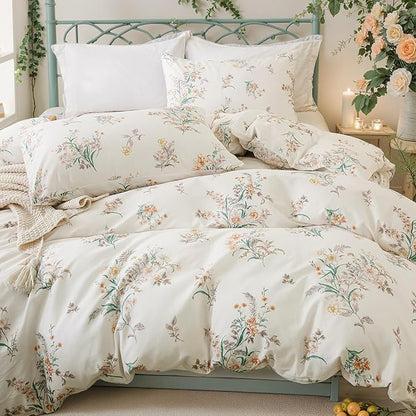 Duvet Cover Set Queen Size Vintage Style Garden Floral Duvet Cover 100% Cotton 3 Pcs Chic Floral Comforter Cover with Zipper Botanical Coquette Duvet Cover Set Ultra Soft & Breathable