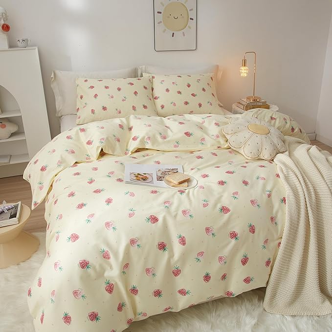 AOJIM Pure Cotton Kids Duvet Cover with Small Strawberries, Soft Bedding Comforter Cover Set 3pcs, 1 Cute Reversible Girls Quilt Cover Twin Size and 2 Pillowcases for Room Deocr, Machine Washable