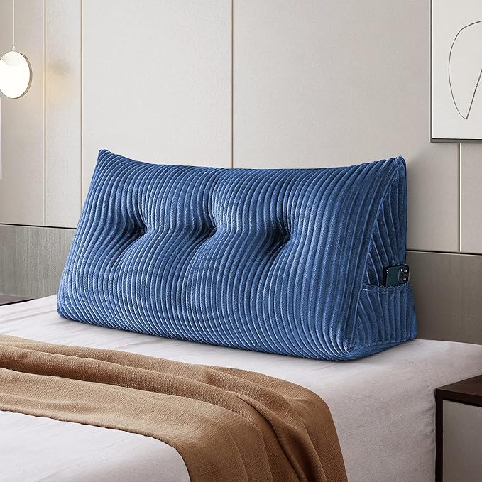 SLIGUY Large Headboard Pillow, Headboard Wedge Pillow Bed Rest Reading Pillow Bolster Triangular for Sitting in Bed-Backrest Positioning Support Long Pillow for Daybed (Twin: 40x8x20 Inches,Blue)