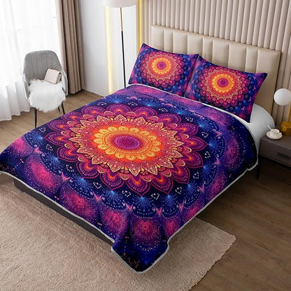 Boho Style Twin Size Quilt Set,Bohemian Floral Strip Beddding Set for Adults Room Decor,Soft and Lightweight Quilted Bed for All Season with 2 Pillowcases.