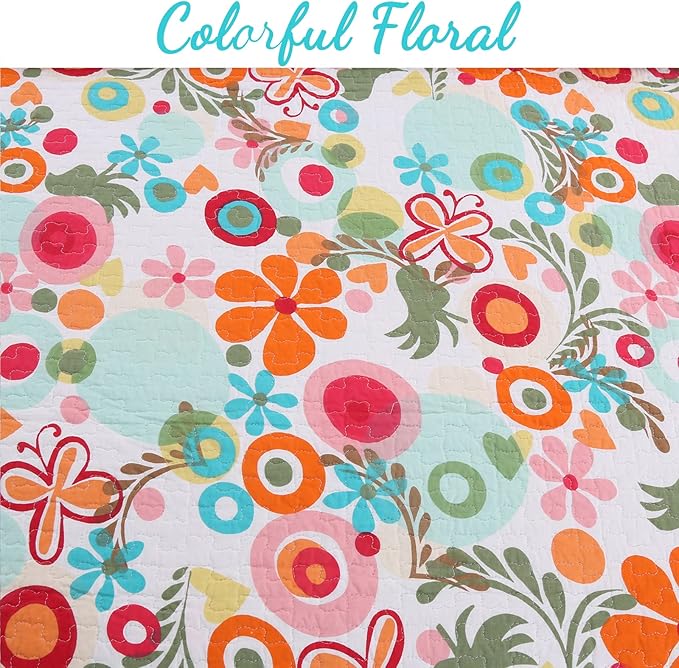 Cozy Line Home Fashions Pink Green Blue Orange Colorful Floral Whimsy 100% Cotton Reversible Girl Quilt Bedding Set, Coverlet, Bedspread (Queen - 3 Piece: 1 Quilt + 2 Standard Shams)