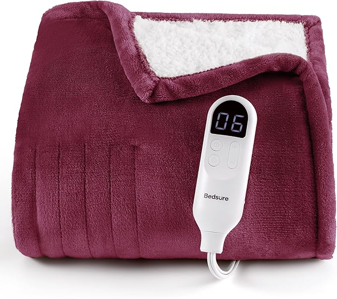 Bedsure Heated Blanket Throw Blanket - Fast Heating Electric Blanket, Soft Flannel Heated Throw with 4 Time Settings, 6 Heating Settings, for Grandma, Women, Men (50"x60", Red)