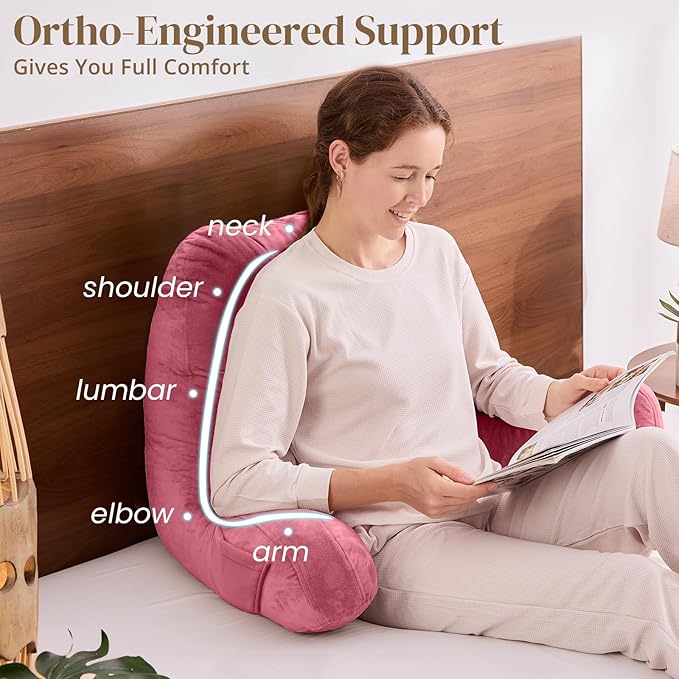 Sasttie Reading Pillow for Bed - 23 Inch, Back Pillow for Bed Sitting Up, Back-Rest Support Cushion with Side Pockets and Arms, Dorm Essentials, Oeko-Tex Certified, Rose Pink