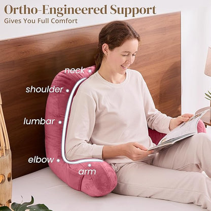 Sasttie Reading Pillow for Bed - 23 Inch, Back Pillow for Bed Sitting Up, Back-Rest Support Cushion with Side Pockets and Arms, Dorm Essentials, Oeko-Tex Certified, Rose Pink