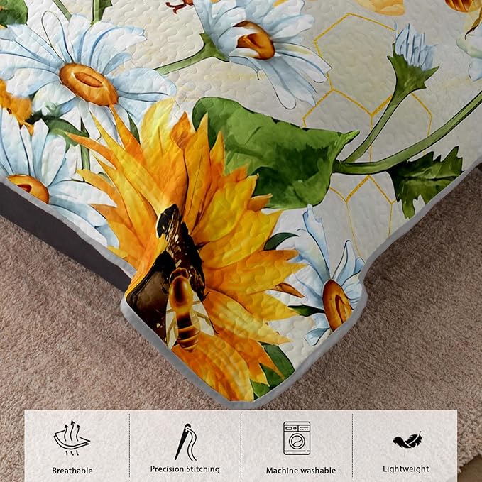 AILONEN Honey Bee Quilt Bedding Set Twin Size,Sunflower Bedspread Coverlet,3Pcs Soft Watercolor Yellow Bee & Floral Bed Cover(1 Quilt + 2 Pillowcases)
