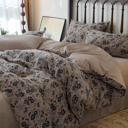 BuLuTu Vintage Muslin Duvet Cover Set Full, 100% Cotton Linen Like Comforter Cover Boho Floral Quilt Cover with 2 Pillowcases, 80"x90", Soft Breathable Bedding Set, Zipper & Corner Ties