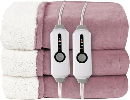 Electric Heated Blanket Queen Size 84"x90" - Coral Fleece & Sherpa Fabric Dual-Sided, 4 Heat Settings & 10 Hours Auto Off, Soft Warming Throw for Home, Office, or Bed, Machine Washable, Berry Shade