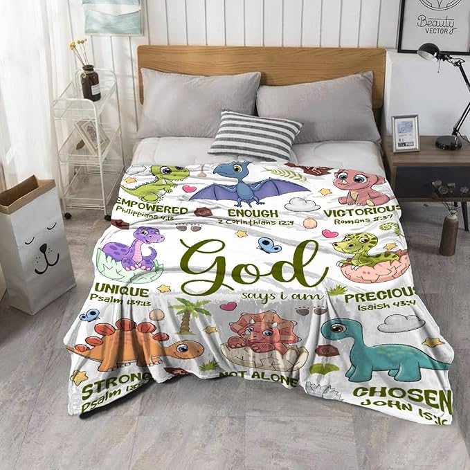 Bible Verse Blanket, Christian Gifts, God Says I am Print Dinosaur Blankets, Meaningful Thoughtful Religious Baptism Gift for Son,Dinosaur Lovers Room Bed Decoration, 60"x80"