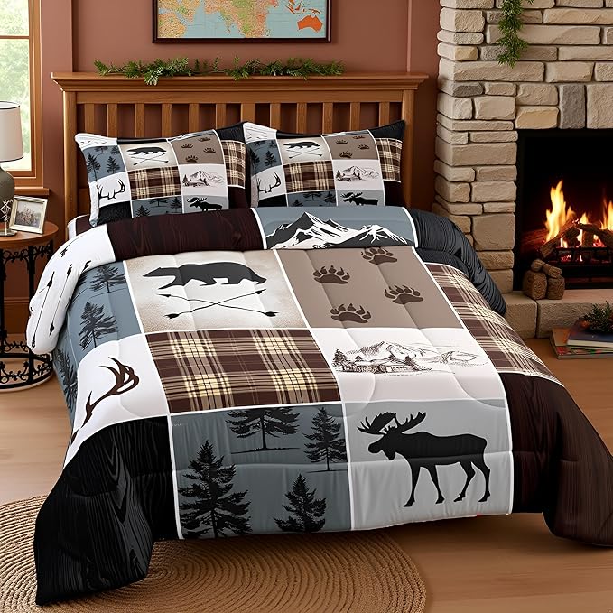 Hunting Camper Comforter Set Twin Size Bear Elk Arrow Wild Animals Bedding Set Kids Boys Teens Women Rustic Farmhouse Cabin Home Decor 2pcs,Retro Geometric Stripes Plaid Duvet Insert,Brown Grey
