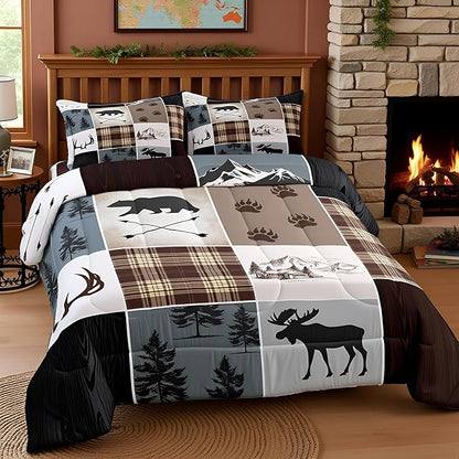 Hunting Camper Comforter Set Twin Size Bear Elk Arrow Wild Animals Bedding Set Kids Boys Teens Women Rustic Farmhouse Cabin Home Decor 2pcs,Retro Geometric Stripes Plaid Duvet Insert,Brown Grey
