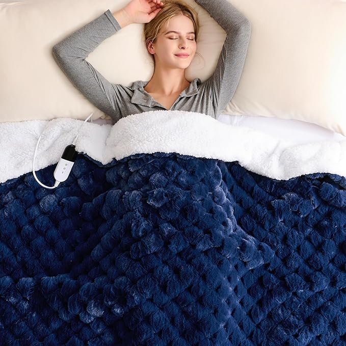 Homemate Heated Blanket Electric Throw - 50"x60" Heating Blanket Throw 1/2/4/6/8 Hours Auto-Off 10 Heat Levels Over-Heat Protection Luxury 800 GSM Faux Fur 200 GSM Sherpa ETL Certification