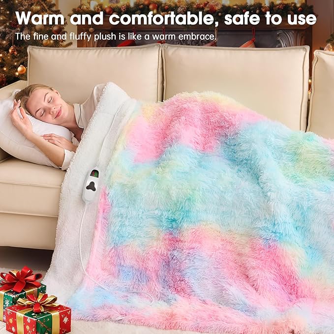 Heated Electric Blanket Throw,Warm Winter Birthday Gifts for Women Her Grandma-Faux Fur with Soft Sherpa,10 Heat Settings,5 Time Settings with Fast Heating, 50x60, Rainbow