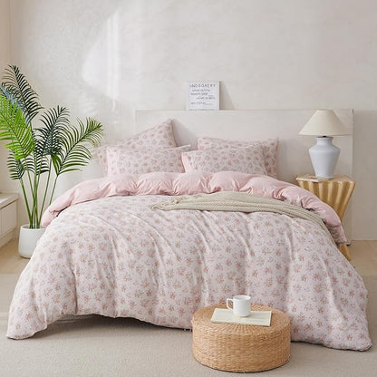 Jane yre Duvet Cover Queen Size Floral Soft Brushed Microfiber Crinkle Gauze Fabric 3 Pieces Bedding Set for All-Season Garden Duvet Cover Queen with Zipper Closure, Luxury Breathable Comfy