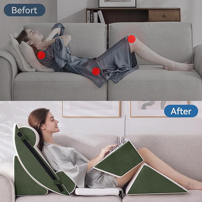 Wedge Pillow Set for After Surgery, 7 PCS Bed Wedge Pillow for Sleeping, Memory Foam Orthopedic Back Pillow for Pain Relief and Acid Reflux, Adjustable Post Surgery Pillow Green
