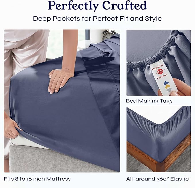 California Design Den 6-Pc King Size Sheet Set with 4 Pillowcases - Soft 400 Thread Count 100% Cotton Sheets, Sateen Weave, Deep Pocket Bedsheets Set - Indigo Dusty Blue