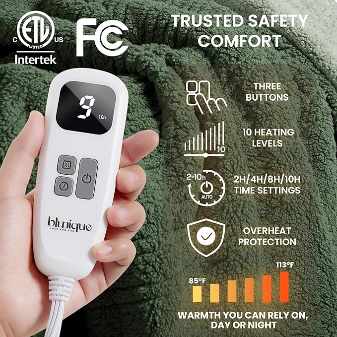 Heated Blanket Electric Blanket Twin - Fast Heating Blanket Throw Double Sided Sherpa Ultra Soft Cozy with 10 Heating Levels & 2-10 Hours Auto Off, Mashine Washable, 62 x 84 Inches, Sage Twin