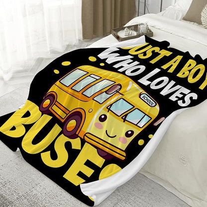 Khumbhira Funny Yellow School Bus Blanket Just A Boy Who Loves Buses Blanket for Boys Kids Warm Plush Lightweight School Buses Throw Blanket for Couch Sofa Bed All Season Use 90"x120"-XL