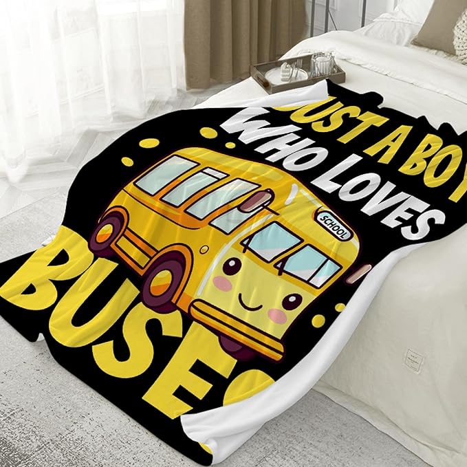 Khumbhira Funny Yellow School Bus Blanket Just A Boy Who Loves Buses Blanket for Boys Kids Warm Plush Lightweight School Buses Throw Blanket for Couch Sofa Bed All Season Use 40"x50"-S