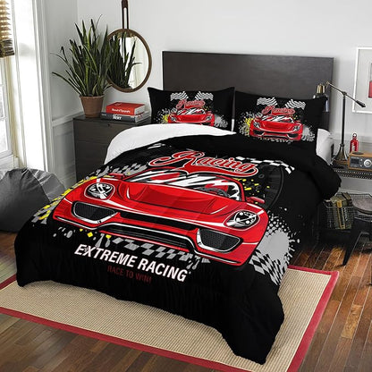 AILONEN Racing Car Comforter Set Twin Size, Plaid Patterns and Cool Speed Race Car for Kids Boys Girls Teens Bedroom,3 Pieces,1 Quilt and 2 Pillowcases,Soft,Breathable