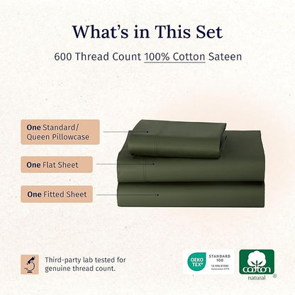 California Design Den 100% Cotton Twin Sheets Set - Luxury 600 Thread Count, Sateen Weave, Deep Pocket Twin Bed Sheets Cotton Set, Hotel Quality Bedding - Dark Olive Green