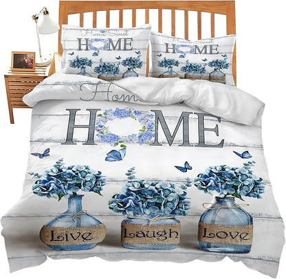 Navy Hydrangea Theme 3 Pieces Duvet Cover Comforter Set with 2 Pillowcase Queen Size Blue Floral Bed Sheet Quilt Bedroom Bedding for Lover Kids
