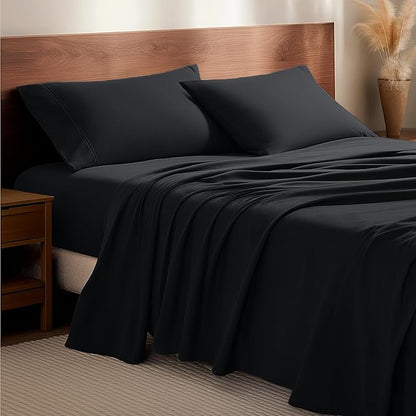 Bare Home Flannel Sheet Set 100% Cotton, Velvety Soft Heavyweight - Double Brushed Flannel - Deep Pocket (Queen, Black)