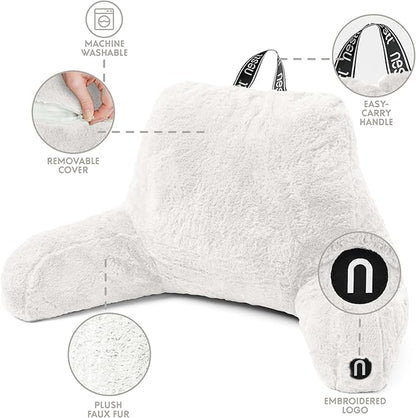 Nestl Fur Reading Pillow with Laptop Lap Desk, Stylish Back Pillow for Sitting Up, Lap Desk with Reading Pillows for Sitting in Bed Adult & Kids, Faux Fur Chair Pillow with Arms - White