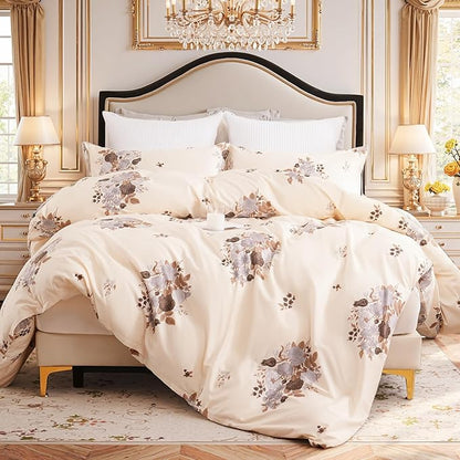 Cream Floral Duvet Cover King Size - 100% Cotton Comforter Cover Elegant Flower Botanical Duvet Cover Sets 3-PC, Breathable Duvet Cover with Zipper Closure & Corner Ties