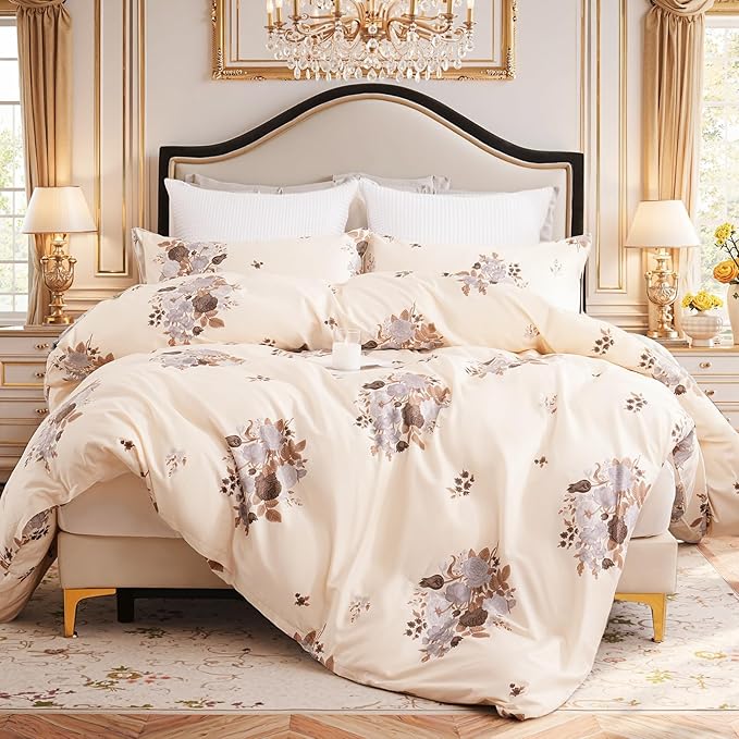 Cream Floral Duvet Cover Queen Size - 100% Cotton Comforter Cover Elegant Flower Botanical Duvet Cover Sets 3-PC, Breathable Duvet Cover with Zipper Closure & Corner Ties
