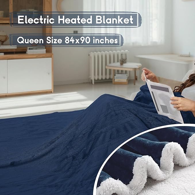 Heated Electric Blanket Queen Size 84''x90'', Dual Controller Soft Flannel with 6 Heat Settings 1-10 Hour Auto Off Large Blanket for Bed - Navy