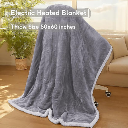 Heated Blanket Electric Throw 50''x60'', 3 Hour Auto Shut-Off 6 Heating Levels Small Warm Soft Flannel Electric Blanket Machine Washable - Light Grey