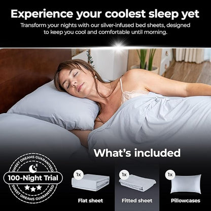 Silvery Restcool™ Silver Infused Bed Sheets Set - Award-Winning Self-Cooling Fabric for Hot Sleepers with Self-Cleaning Silvery Technology™ That Stays Fresh 3X Longer (Gray, Twin)