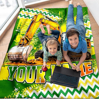 Boys Blanket Gifts Personalized Excavator Blankets for Kids Toddlers Boys - 30" x 40" Custom Name Cute Construction Car Themed Soft Lightweight Flannel Throws for Couch, Sofa, Bed, Office, Travel