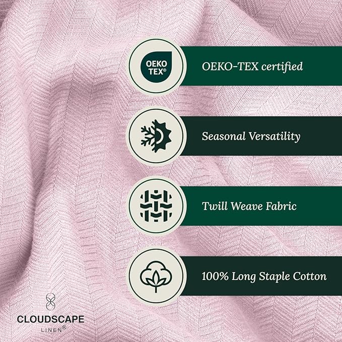 Cloud Scape Linen 100% Cotton Blanket Queen Size - Heavy and Soft, Season, Winter Cozy Blanket, Herringbone Weave, Best Gift for Women, fits Full Size Bed, 92x92, Seashell Pink