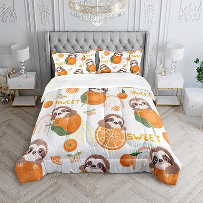 Cute Brown Sloth Bedding Animal Orange Butterfly Comforter 3Pcs Queen Rainbow Sweet Pattern Bedding Set for Kids Teens Girls Boys Bed Decor Tangerine Quilt with 1 Comforter and 2 Pillowcases